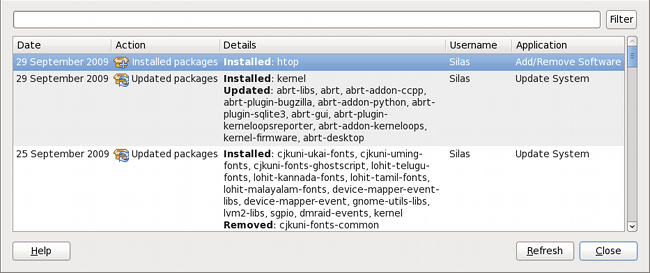 Viewing the log of package management transactions with the Software Log Viewer