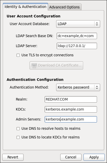 Identity & Authentication; changing the option in the User Account Database drop-down list changes the contents of the tab.